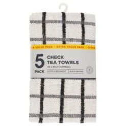 B&M Essentials Check Tea Towels - Black 5pk