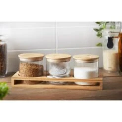 B&M Natural Home Glass Jars In Bamboo Stand 3pk -Home Kitchen 380530 3pk natural home glass jars in bamboo stand 2