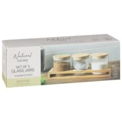 B&M Natural Home Glass Jars In Bamboo Stand 3pk -Home Kitchen 380530 3pk natural home glass jars in bamboo stand 7