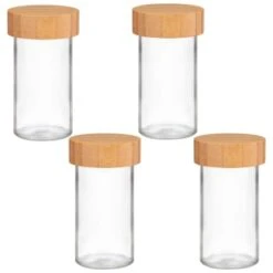 B&M Set Of 4 Glass Spice Jars With Bamboo Wood Base -Home Kitchen 394437 set of 4 glass spice jars with bamboo wood lid and base group